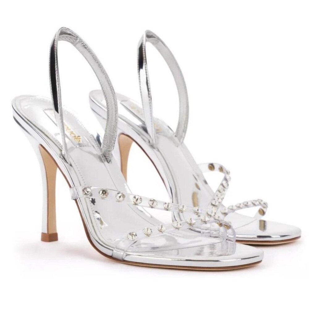 Larroude Annie Silver Swarovski Crystal Slingback Chrome Heeled Sandal Size 8